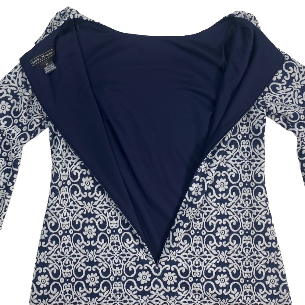 Jessica Howard Women’s Navy White Embroidered Dress 3/4 Bell Sleeves, Size 10 - Picture 7 of 13